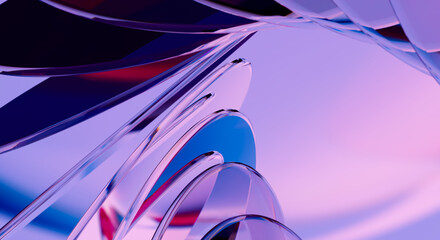 Fototapeta na wymiar Abstract 3D Glass Arch Layers on Purple Blue Pink Background, Glossy Transparent Curved Shapes with Red Reflection, Futuristic Digital Art