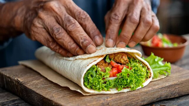 Hands crafting fresh wrap with vibrant vegetables and crispy falafel in rustic setting