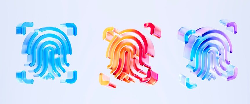 Set of 3D Glass fingerprint sensor icon isolated on transparent background, concept of biometric security and authentication. Transparent Liquid Glass icon. 3D rendering.