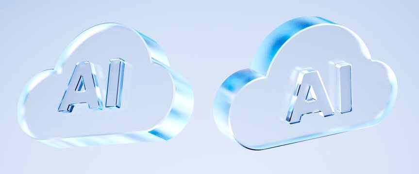 3D Glass AI Cloud Icons Futuristic Blue Crystal Cloud Computing Technology with Artificial Intelligence Logo, Glossy Web Interface Element for Data Processing and Server Storage