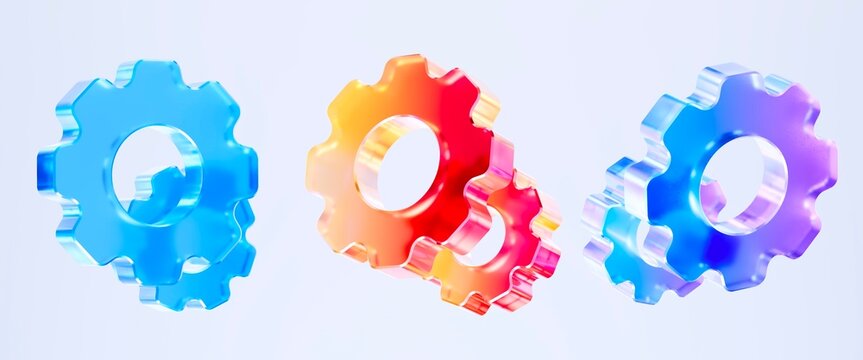Set of 3D Glass gear icon isolated on transparent background, concept of settings and technical processing. Transparent Liquid Glass icon. 3D rendering.