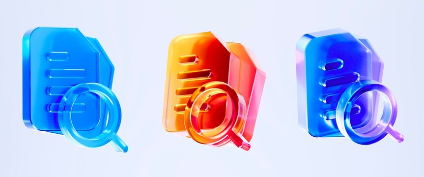 Set of 3D Glass file search icon isolated on transparent background, concept of data discovery and document finding. Transparent Liquid Glass icon. 3D rendering.