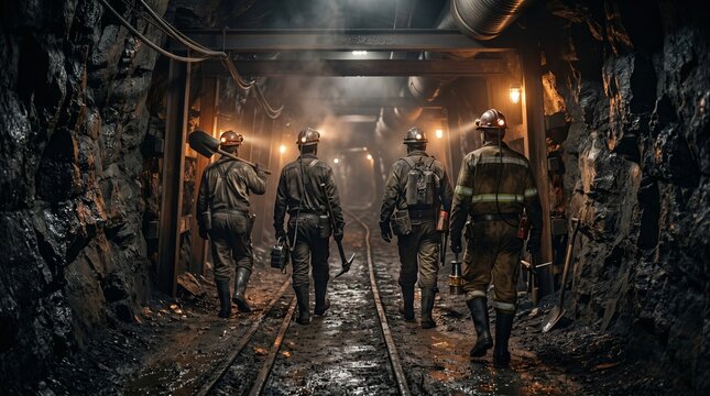 miners walking down a dark tunnel.