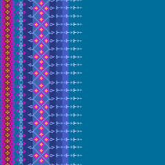 Blue pixel art ethnic pattern with traditional Thai textile ornaments, vibrant geometric tribal border background for fashion fabric, sarong design, and southeast asian cultural decor © Chattakan