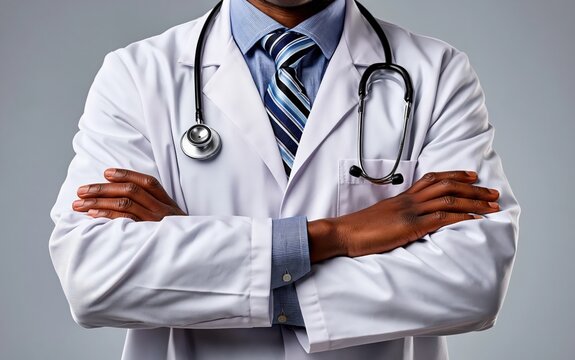 Professional Doctor in White Coat Standing with Hands on Hips