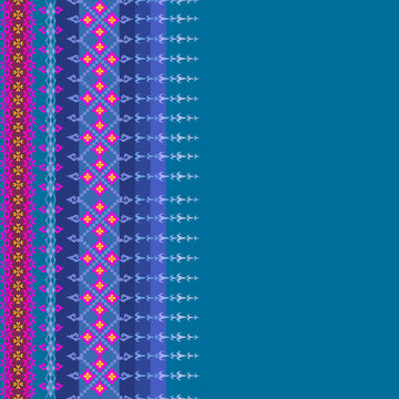 Blue pixel art ethnic pattern with traditional Thai textile ornaments, vibrant geometric tribal border background for fashion fabric, sarong design, and southeast asian cultural decor