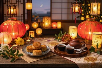 Fototapeta premium Chinese mooncakes with tea set on wooden table surrounded by glowing lanterns, warm natural light Mid-Autumn Festival