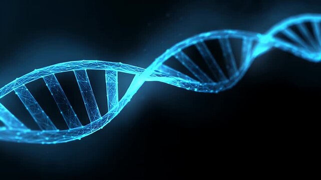 Abstract digital representation of DNA helix with glowing blue particles and connections, symbolizing biotechnology, genetics, and scientific research in motion.