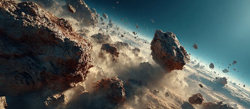 Large asteroids float in space above a planet. A cosmic scene
