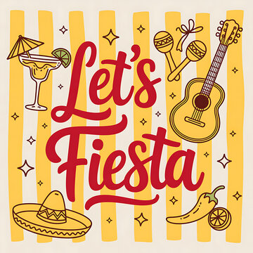 Colorful Mexican fiesta party illustration with maracas, sombrero, and cocktail