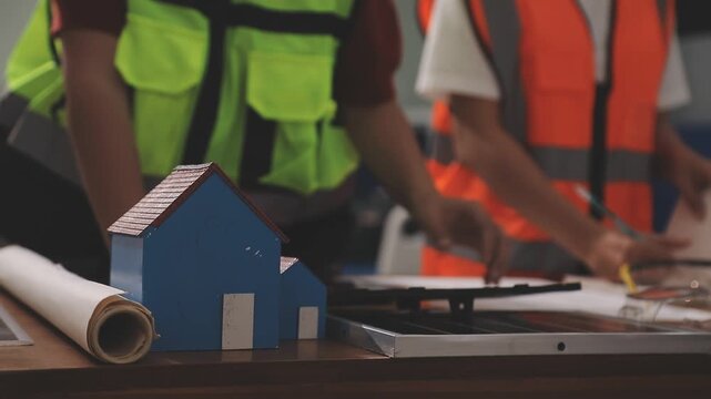 Architecture drawing on architectural project business architecture building construction Colleagues designer Planning Design on blueprint and compasses