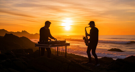 Obraz premium DJ and saxophonist performing on a rocky beach at sunset. Musicians silhouetted against a golden ocean horizon. Beach party concept, ideal for summer event and music marketing.