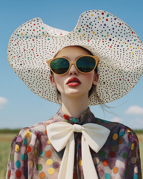 Stylish fashion model wearing oversized polka dot hat and sunglasses outdoors under blue sky. Editorial glamour portrait for summer fashion, luxury style and creative campaign.