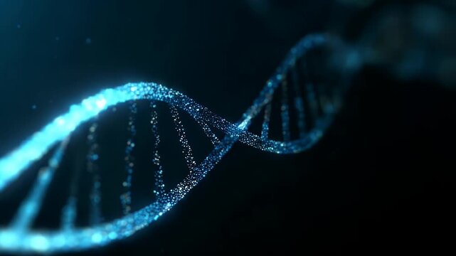 Luminous DNA helix structure composed of sparkling particles rotates slowly against a dark background, representing genetic code and molecular biology in motion.