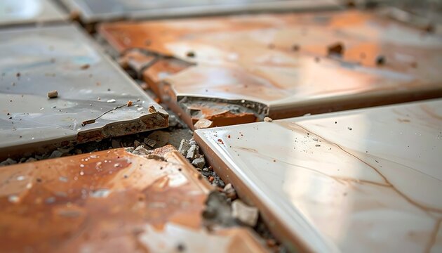 Damaged cracked tiles floor surface closeup.