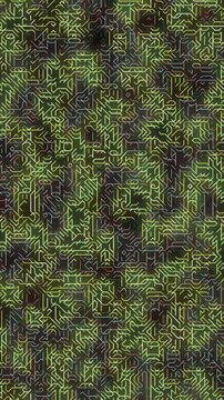 Abstract Geometric Patterning Displaying Bright Neon Lines in Layered Maze-like Design