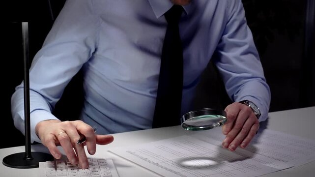 Businessman diligently auditing financial documents with a magnifying glass under focused lamp light. Audit and taxes in business