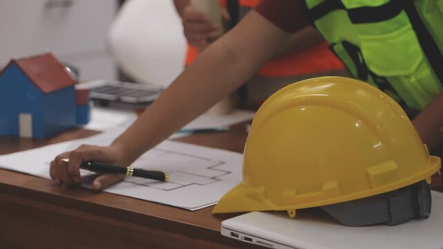 Architecture drawing on architectural project business architecture building construction Colleagues designer Planning Design on blueprint and compasses