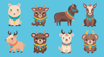 Fototapeta premium Cute tribal animal characters set, 8 cartoon forest and farm animals with ethnic jewelry, flat vector illustration for nursery decor and kids branding