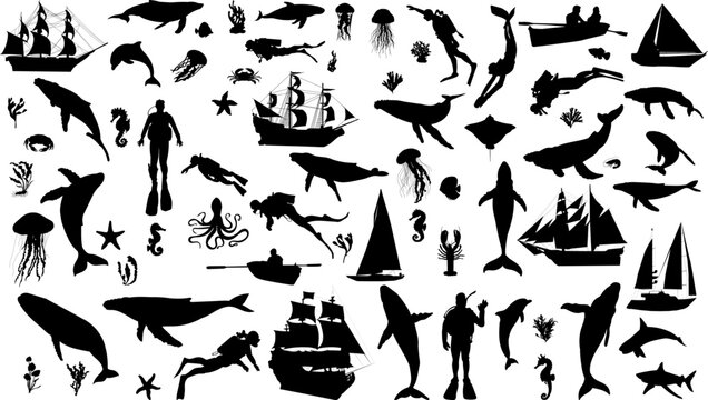 Large marine set, scuba divers, ships, fish, octopuses, rays, dolphins, boat, silhouette, vector