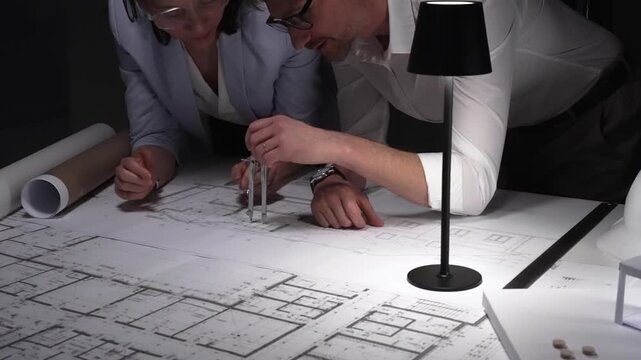 Architects collaborating on blueprints, diligently planning building design and construction project details late at night.