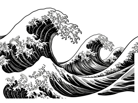 Stylized Japanese Great Wave Illustration in Black and White Ukiyo-e Woodblock Print Style