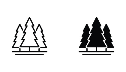 Pine tree forest trio icon set featuring outline and solid black silhouettes of coniferous trees in a row for environmental design and nature themed web graphics © Pixel