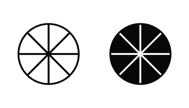 Pie chart icon set featuring outline and solid black silhouettes of a circular diagram divided into eight equal segments for business data visualization and analytics