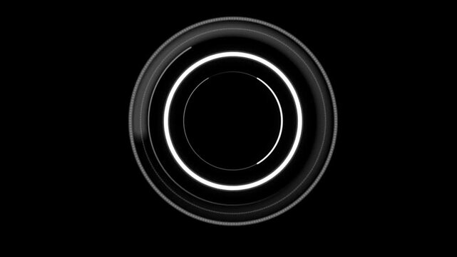 Abstract black background with glowing concentric white and grey circles creating a minimalist and modern design.