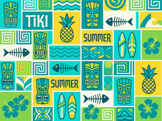Retro Tiki Summer Background with Tribal Masks, Pineapples, Surfboards, and Hibiscus Flowers © Zarya