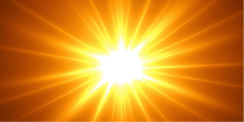 Obraz premium A bright orange and yellow abstract sunburst design creates a warm summer sunrise glow with vibrant rays and sunlight beams exploding across the sky in this vector illustration