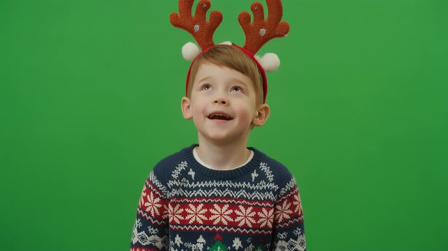 Cute Little Boy in Reindeer Antlers and Christmas Sweater Looking Up on Green Screen.