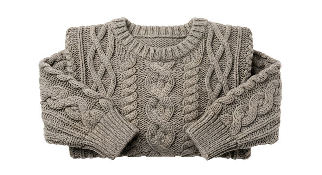 folded gray cable knit sweater with textured pattern and long sleeves isolated