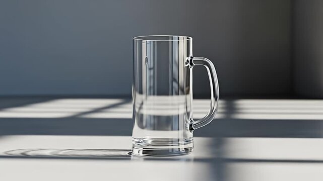 Clear glass mug standing on a surface, illuminated by sunlight casting shadows