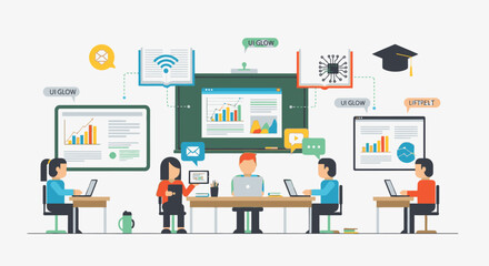 Fototapeta premium Illustration of a diverse team collaborating on laptops with graphs and educational icons floating above in a modern workspace with a professional mood.