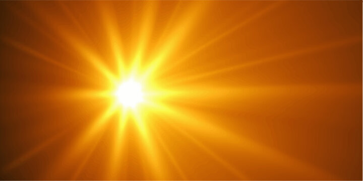A bright summer sunrise design featuring an abstract orange and yellow background with warm sun rays and a glowing light beam burst