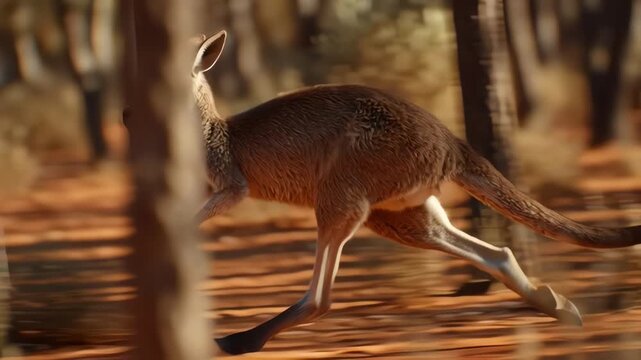 Dynamic shot of a wild kangaroo hopping through the arid Australian outback with motion blur