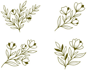 Fototapeta premium Set of four minimalist olive green floral illustrations perfect for elegant wedding invitations and decorative designs.
