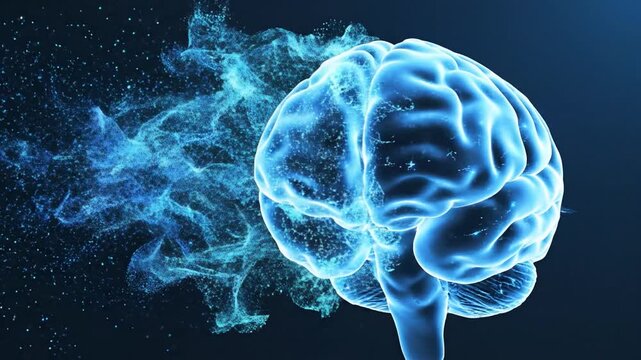 Glowing Blue Brain with Particles Exploding Outward Cinematic Motion