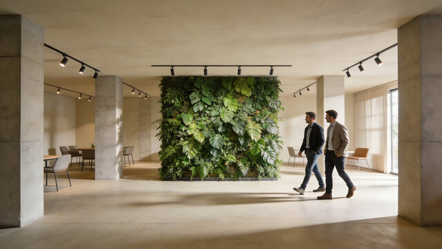 Two men walking in a modern office with green wall