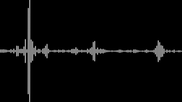 Music equalizer animation with white waveform spectrum and smooth frequency pulses on deep black background seamless loop digital audio visualizer ultra HD 4K