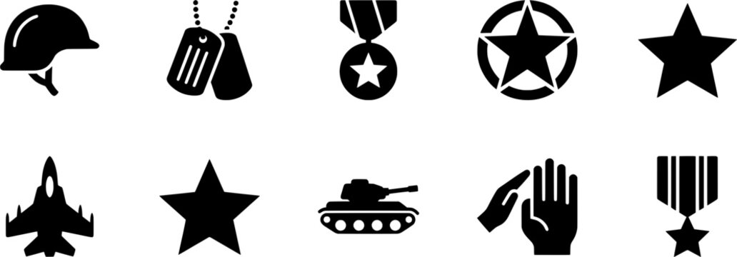 Military Icons: Helmet, Dog Tags, Medals, Stars, Jet, Tank, Salute, and More.