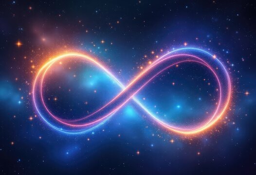 Infinity symbol, glowing, cosmic backdrop