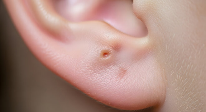 Close-up of earlobe with stretched piercing. Generative AI