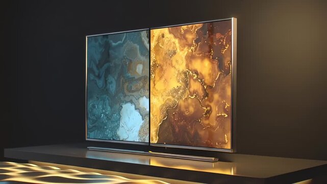 Two screens display abstract flowing liquid marble art patterns in contrasting teal and gold colors, luxurious design