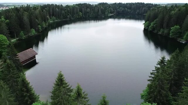 Aerial drone footage captures a serene secluded lake surrounded by dense lush green evergreen forest with a rustic wooden boathouse on the shore.