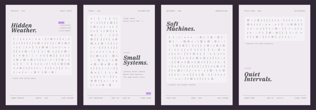 Minimal editorial poster collection featuring abstract code patterns, quiet data marks and refined typography in soft lavender tones. Contemporary vector layouts for posters, covers, stationery.
