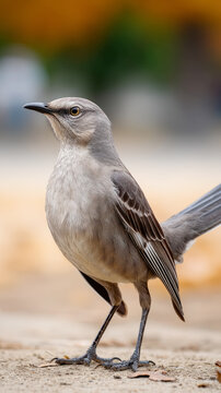 North american mockingbird on autumn ground with golden background