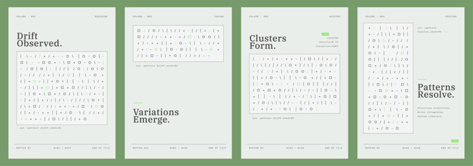 Algorithmic poster set featuring abstract code patterns, generative vibes and minimal typography in soft green colors. Contemporary vector layouts for system diagrams, covers, posters and creative gra © Takoyaki Shop