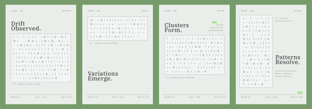 Algorithmic poster set featuring abstract code patterns, generative vibes and minimal typography in soft green colors. Contemporary vector layouts for system diagrams, covers, posters and creative gra